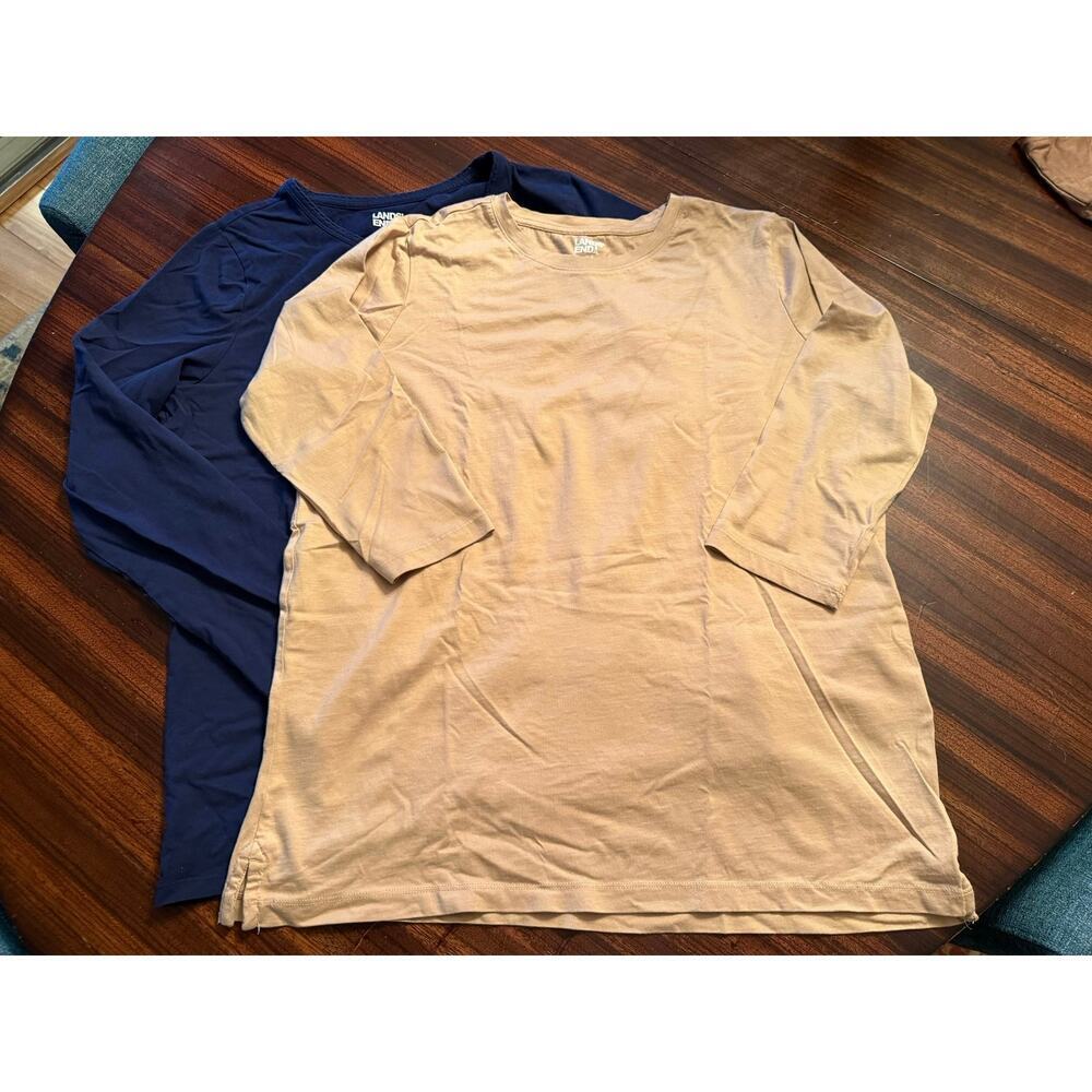 Lands’ End Lot of 2 Blue Tan Crewneck Cotton Long Sleeve T-shirts Lightweight M